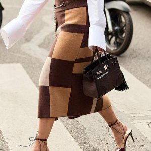 Regular Fit Plaid Urban Midi Skirt, Skirts, color:Brown|size:XXL, Stylewe