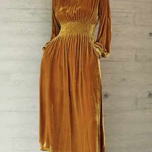 Long Sleeve Lantern Sleeve Elegant Stand Collar Dress, Midi Dresses, color:Yellow|size:XXL, Stylewe