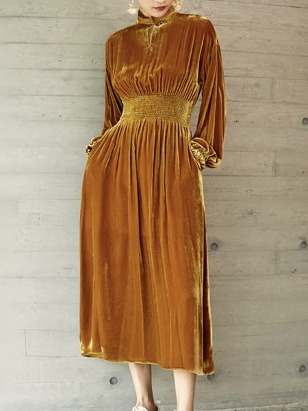 Long Sleeve Lantern Sleeve Elegant Stand Collar Dress, Midi Dresses, color:Yellow|size:XXL, Stylewe