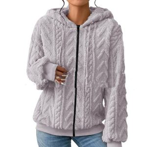 Long Sleeve Plain Zipper Fleece Loose Hooded Teddy Jacket For Women, Coats, color:Light Gray|size:3XL, Noracora