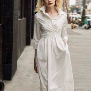 Shirt Collar Regular Fit Elegant Solid Dress, Midi Dresses, color:White|size:XXL, Stylewe