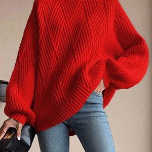 Urban Loose Long Sleeve Plain Sweater, Pullovers, color:Red|size:XXL, Stylewe