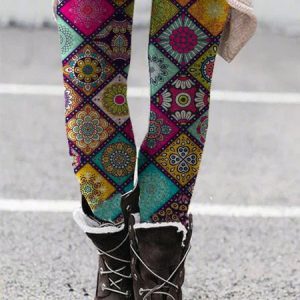 Geometric Pattern Flower Print Warm Legging, Leggings, color:Red|size:3XL, Noracora
