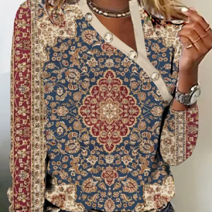 Casual Buckle Ethnic Asymmetrical Collar T-Shirt, Long sleeves, Lilicloth.com