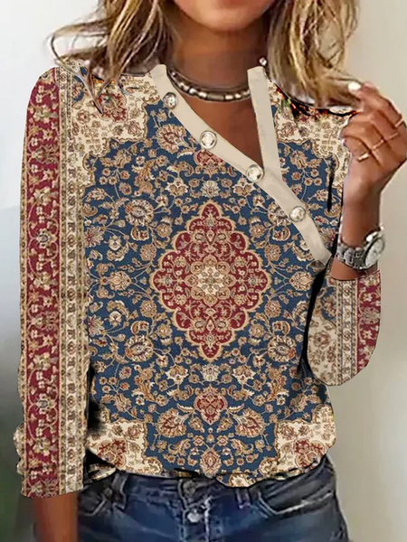 Casual Buckle Ethnic Asymmetrical Collar T-Shirt, Long sleeves, Lilicloth.com