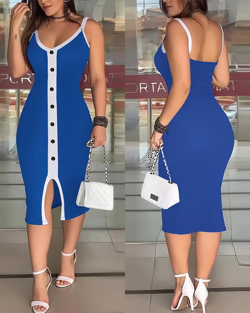 Contrast Paneled Button Decor Sleeveless Midi Dress, women Midi Dresses, ChicMe catalog - Image 2
