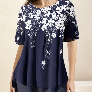 Casual Floral Crew Neck Short Sleeve T-shirt, T-shirts, color:Purplish blue|size:XXL, Noracora