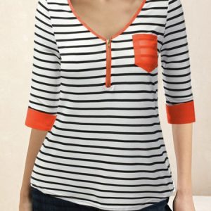 V Neck Half Sleeve Striped Regular Micro-Elasticity Loose Blouse For Women, Blouses, color:Multicolor|size:XXL, Noracora