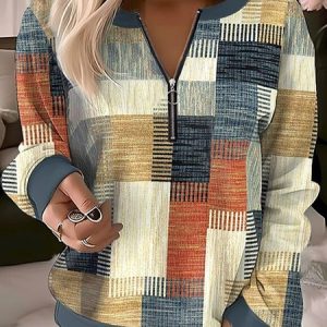 Plus Size Abstract Plaid Casual Loose Zipper Sweatshirt, Hoodies&Sweatshirts, Lilicloth.com