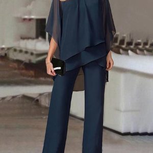 Women Plain One Shoulder Half Sleeve Comfy Casual Top With Pants Two-Piece Set, Sets, color:Navy Blue|size:3XL, Noracora