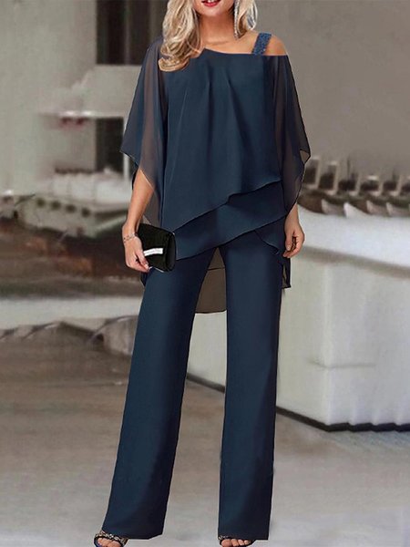 Women's Plain Holiday Going Out Two Piece Set Half Sleeve Casual Summer Top With Pants Matching Set, JustFashionNow Suit Set, color:Navy Blue|size:3XL,
