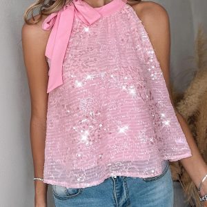 Tied Detail Allover Sequin Tank Top, Tanks & Crop Tops, chicme - Women's Fashion Online
