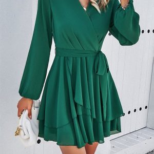 Women Plain V Neck Long Sleeve Comfy Casual Short Dress, Dresses, color:Green|size:XL, Noracora