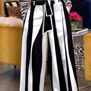 Striped Regular Fit Urban Fashion Pants, Pants, color:Black-white|size:XXL, Stylewe