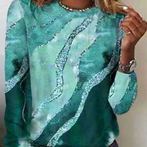 Crew Neck Knitted Casual Geometric Brown Print Round Neck T-Shirt, Long sleeves, Lilicloth.com