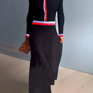 Regular Fit High Elasticity V Neck Long Sleeve Elegant Maxi Dress, Maxi Dresses, color:Black|size:XXL, Stylewe