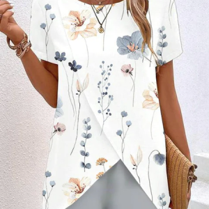 Casual Floral Crew Neck Short Sleeve T-shirt, Sets, color:White|size:XXL, Noracora