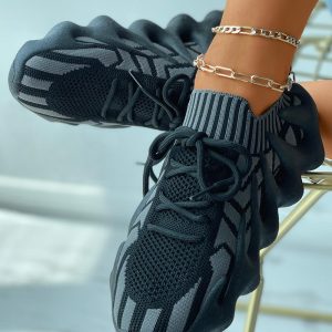 Colorblock Lace-up Knit Breathable Sneakers, Sneakers, chicme - Women's Fashion Online