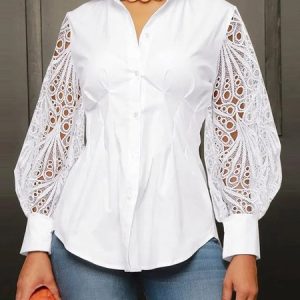 Plain Urban Regular Fit Shirt Collar Patwork Lace Blouse, Blouses and Shirts, color:White|size:XXL, Stylewe