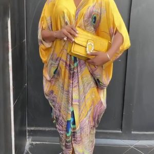 Loose V Neck Urban Feather Pattern Dress, Maxi Dresses, color:Yellow|size:XXL, Stylewe
