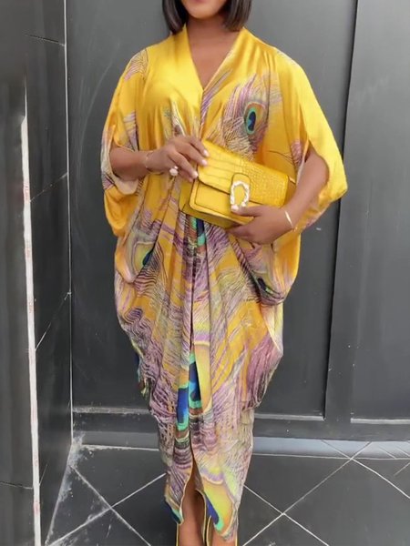 Loose V Neck Urban Feather Pattern Dress, Maxi Dresses, color:Yellow|size:XXL, Stylewe
