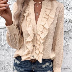 V Neck Long Sleeve Plain Regular Loose Blouse For Women, Blouses, color:Apricot|size:XL, Noracora