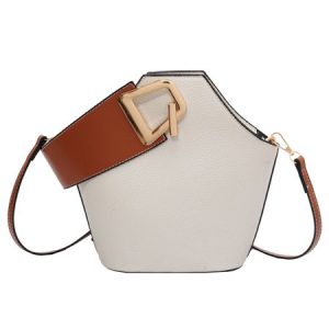 Designer Clutch Color-block Buckle Decor Bucket Handbag with Crossbody Strap, Bags, color:Off White|size:One-size, Stylewe