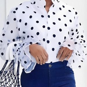 Long Sleeve Stand Collar Polka Dots Urban Blouse, Blouses and Shirts, color:White|size:XXL, Stylewe