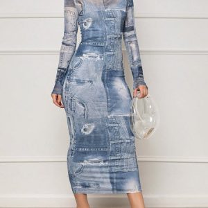 Urban Crew Neck Regular Fit Abstract Print Dress, Maxi Dresses, color:Blue|size:XXL, Stylewe