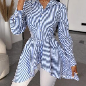Striped Buttoned Long Sleeve Asymmetrical Top, Blouses & Shirts, chicme - Women's Fashion Online