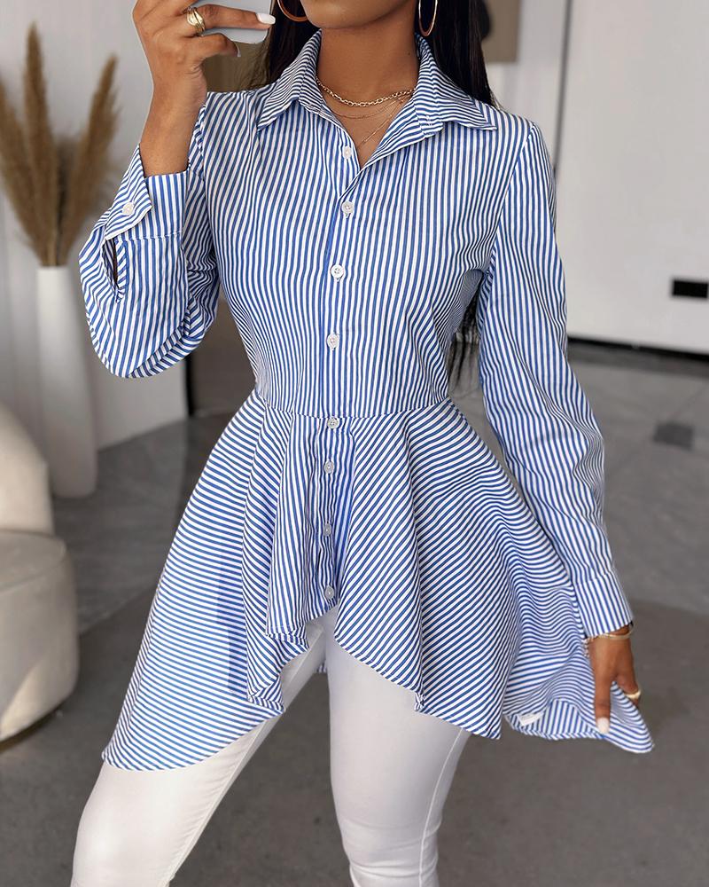Striped Buttoned Long Sleeve Asymmetrical Top, Blouses & Shirts, chicme - Women's Fashion Online