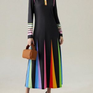 Regular Fit Color Block Shirt Collar Elegant Midi Dress With No Belt, Maxi Dresses, color:Black|size:XXL, Stylewe