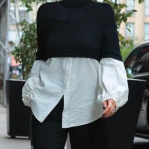 Regular Fit Color Block Urban Turtleneck Long Sleeve Shirt, Blouses and Shirts, color:Black-white|size:XXL, Stylewe