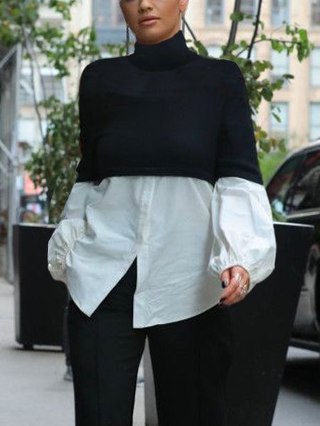 Regular Fit Color Block Urban Turtleneck Long Sleeve Shirt, Blouses and Shirts, color:Black-white|size:XS, Stylewe