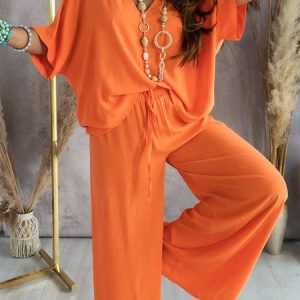 Women Plain V Neck Half Sleeve Comfy Casual Top With Pants Two-Piece Set, Sets, color:Orange|size:XXL, Noracora