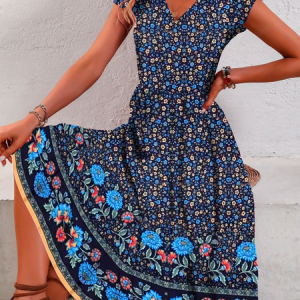 Women Small Floral V Neck Short Sleeve Comfy Casual Midi Dress, Midi, color:Purplish blue|size:XXL, Noracora