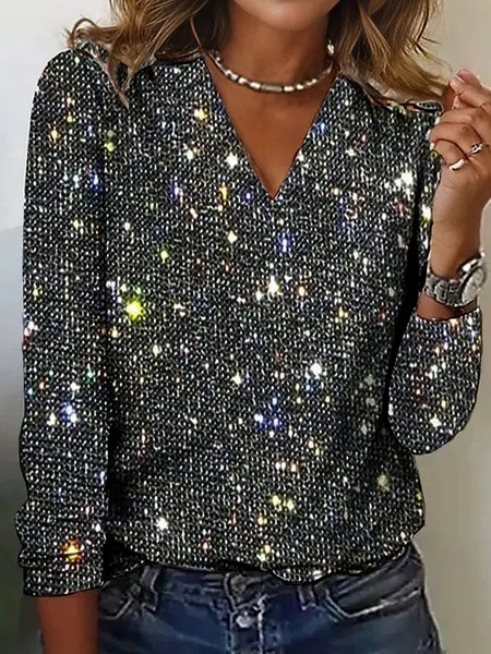 Sequin Long Sleeve V Neck Tops Christmas New Year Eve Glitter T-Shirts, T-Shirts, color:Black|size:XXL, JustFashionNow
