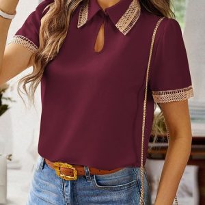 Shirt Collar Short Sleeve Plain Lace Regular Loose Shirt For Women, Blouses, color:Wine Red|size:XL, Noracora