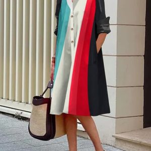Urban Striped Shawl Collar Loose Dress, Midi Dresses, color:As Picture|size:XXL, Stylewe