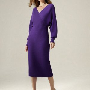 Elegant Regular Fit Plain Sweater Midi Dress With No Belt, Midi Dresses, color:Purple|size:XXL, Stylewe