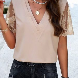 V Neck Short Sleeve Plain Lace Regular Loose Shirt For Women, Blouses, color:Apricot|size:XL, Noracora