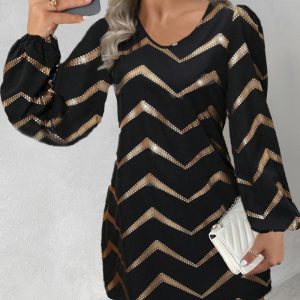 Colorblock Bronzing Chevron Print Casual Dress, women Casual Dresses, ChicMe catalog