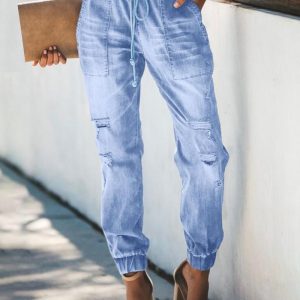 Drawstring Ripped Pocket Design Jeans, Jeans, chicme - Women's Fashion Online