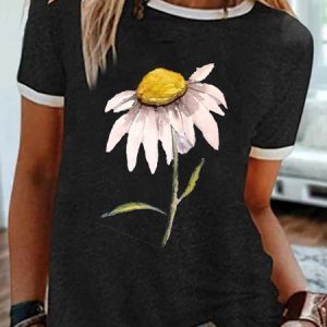 Printed Casual Cotton Short Sleeve Patchwork T-shirt, T-shirts, color:Black|size:3XL, Noracora