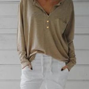 Cotton-Blend Long Sleeve Casual V Neck Top, Blouses, color:Khaki|size:3XL, Noracora