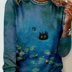 Women's Black Cat Art Print Casual Tree Shirt, Long sleeves, Lilicloth.com