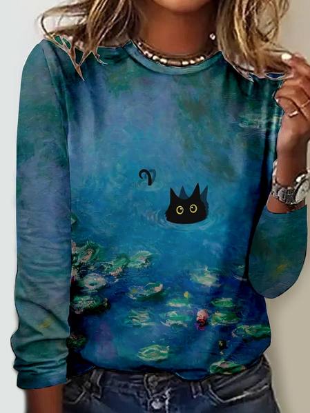 Women's Black Cat Art Print Casual Tree Shirt, Long sleeves, Lilicloth.com