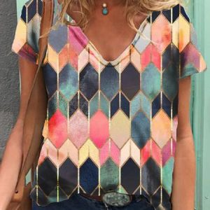 Geometric Casual Printed Short Sleeve T-Shirts & Tops, T-shirts, color:Pink|size:3XL, catalog Noracora shop