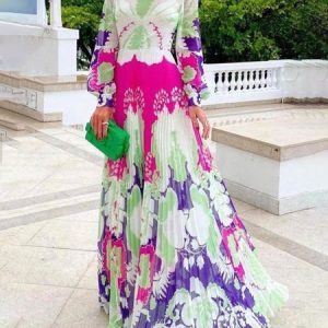 Regular Fit Crew Neck Vacation Floral Dress, Maxi Dresses, color:As Picture|size:XXL, Stylewe