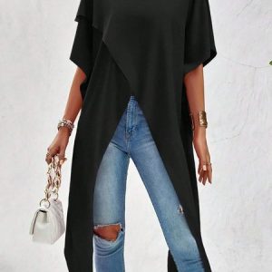 Crew Neck Short Sleeve Plain Irregular Craftsmanship Regular High Elasticity Loose Shirt For Women, Blouses, color:Black|size:XXL, Noracora